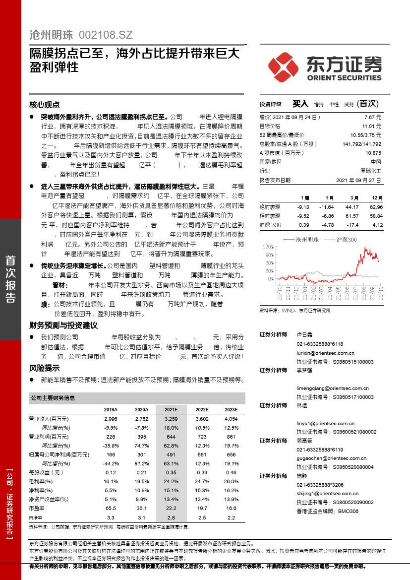东方证券:沧州明珠-002108-隔膜拐点已至,海外占比提升带来巨大盈利弹性-210927的第一页缩略截图